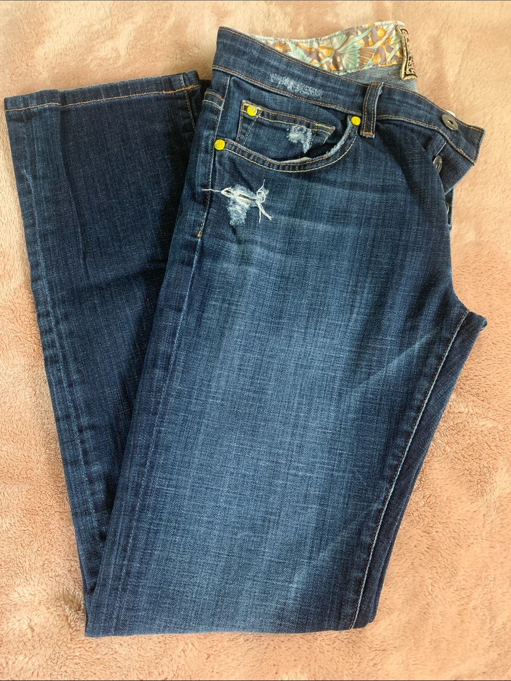 Rich & Skinny Y2K Distressed Bootcut Jeans Dark Wash Gold Detail